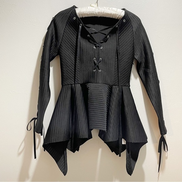 FOR HER NYC Women’s Black Structured Peplum Top Asymmetrical Hem Goth Emo Size M - Picture 1 of 8